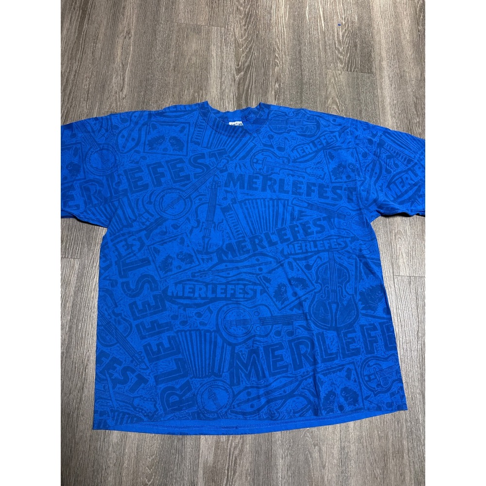 Vintage MerleFest All Over Print T-Shirt Mens XXXL Blue Gildan Ultra Cotton AOP